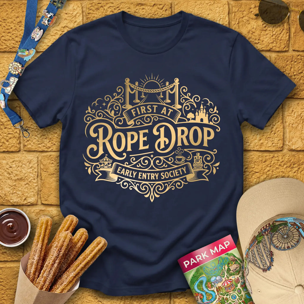 First At Rope Drop [VictorianBadge] T-Shirt for Theme Park Fans (Navy)