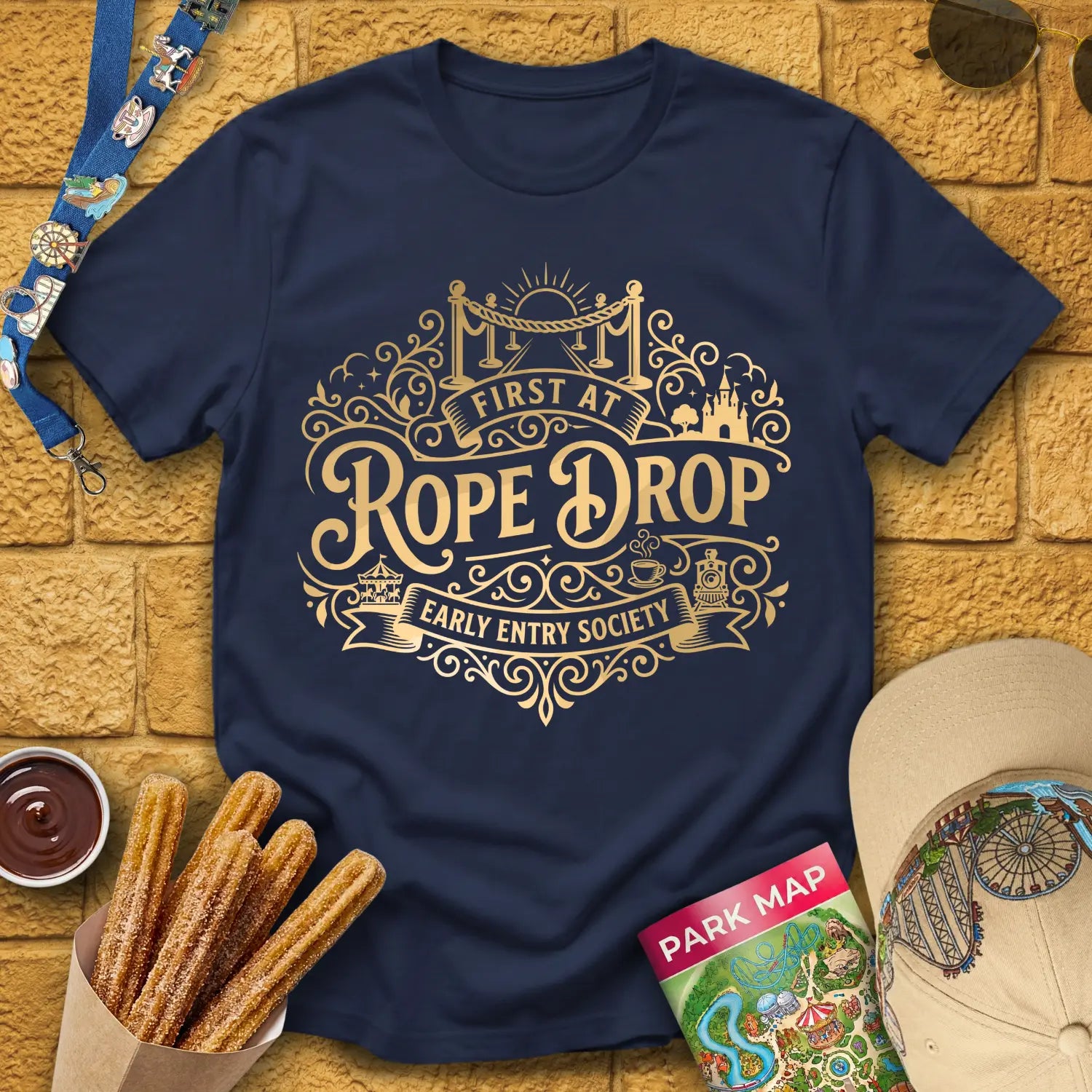 First At Rope Drop [VictorianBadge] T-Shirt for Theme Park Fans (Navy)