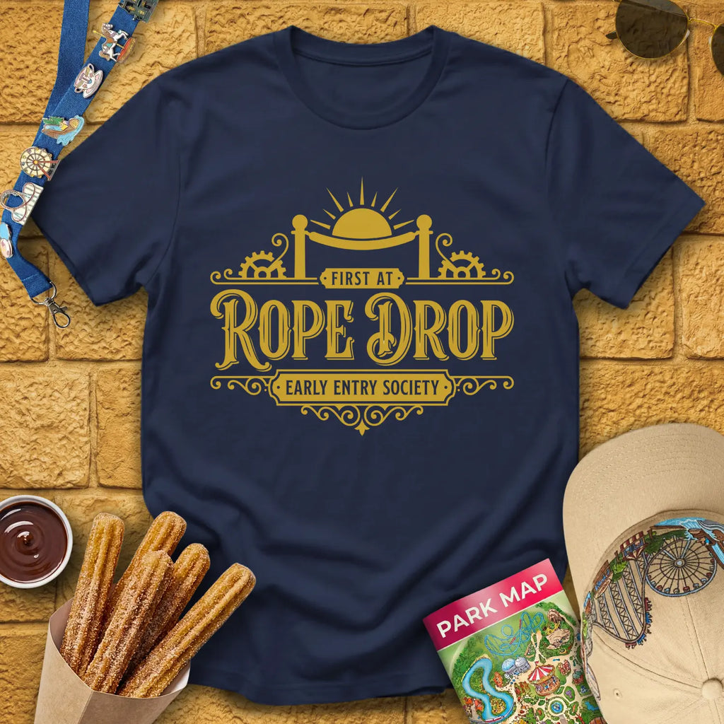 First At Rope Drop [VictorianSleek] T-Shirt for Theme Park Fans (Navy)