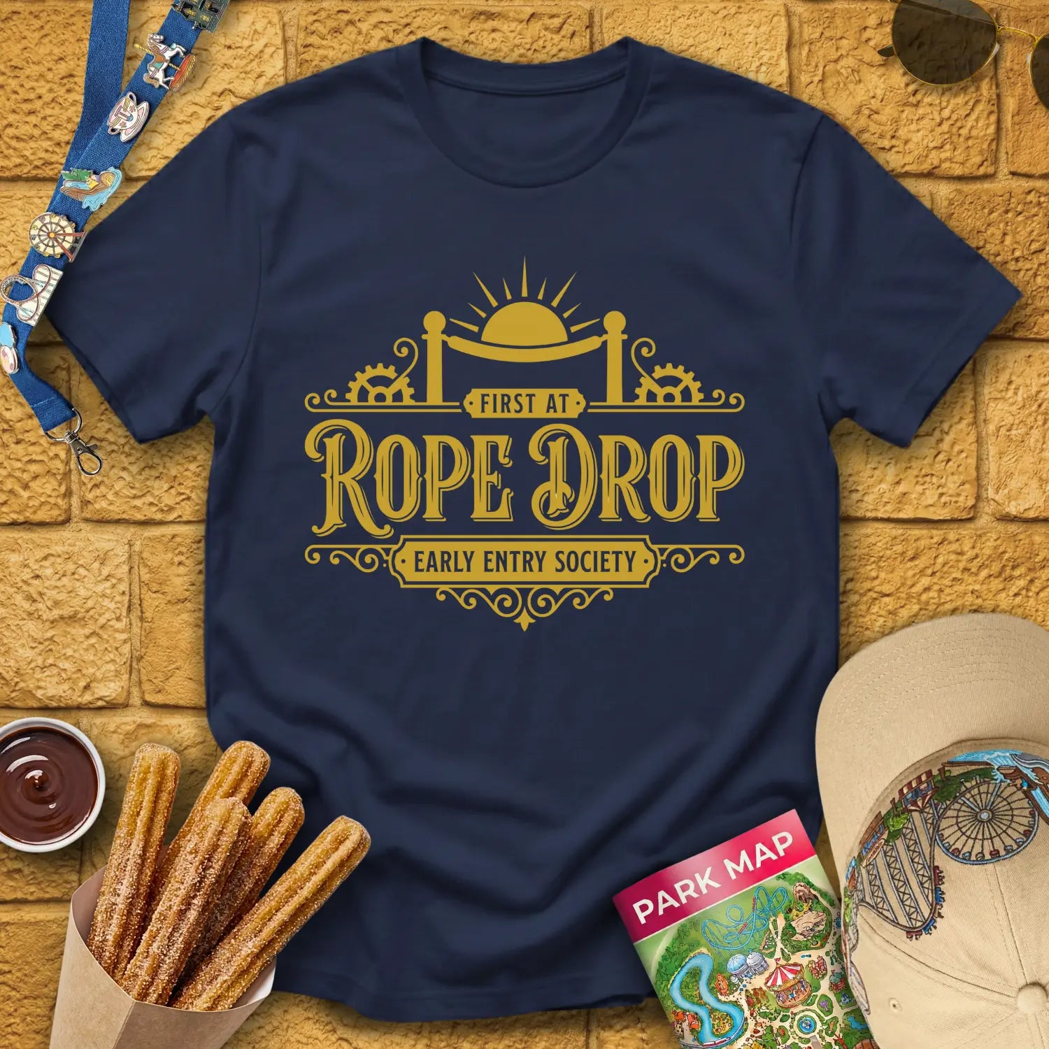 First At Rope Drop [VictorianSleek] T-Shirt for Theme Park Fans (Navy)