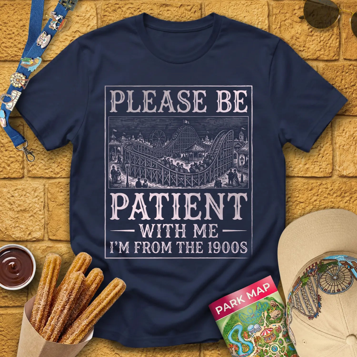 From The 1900s [Woodcut] T-Shirt for Theme Park Fans (Navy)