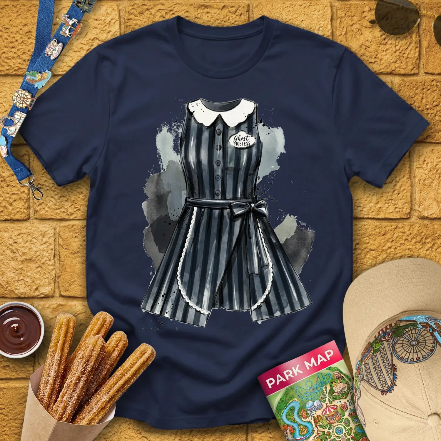 Ghost Hostess Dress [Artsy] T-Shirt for Theme Park Fans (Navy)