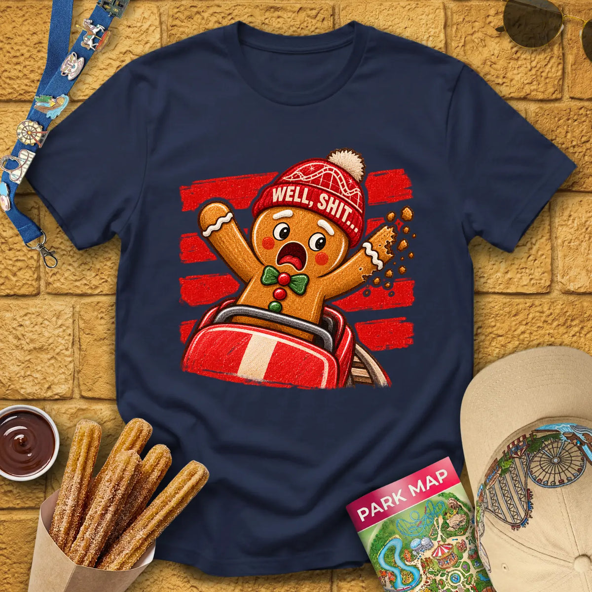 Gingerbread Man Fail [Striped] T-Shirt for Theme Park Fans (Navy)