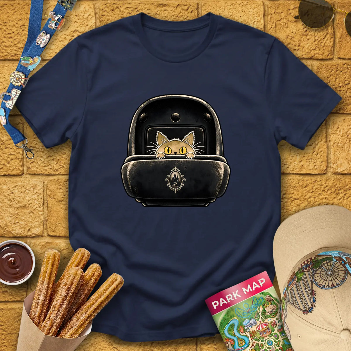 Haunted Cat [Illu] T-Shirt for Theme Park Fans (Navy)