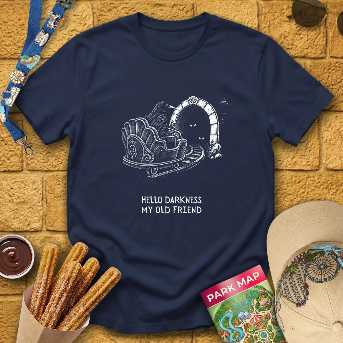 Hello Darkness [Engraved] T-Shirt for Theme Park Fans (Navy)