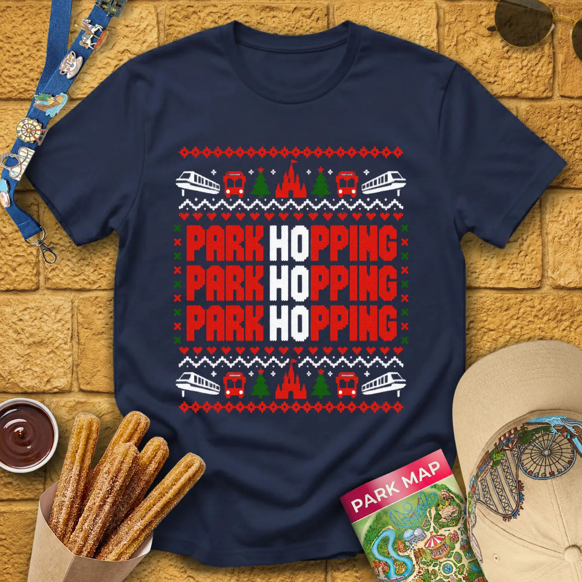 Ho Ho Hopping [PixKnit] T-Shirt for Theme Park Fans (Navy)