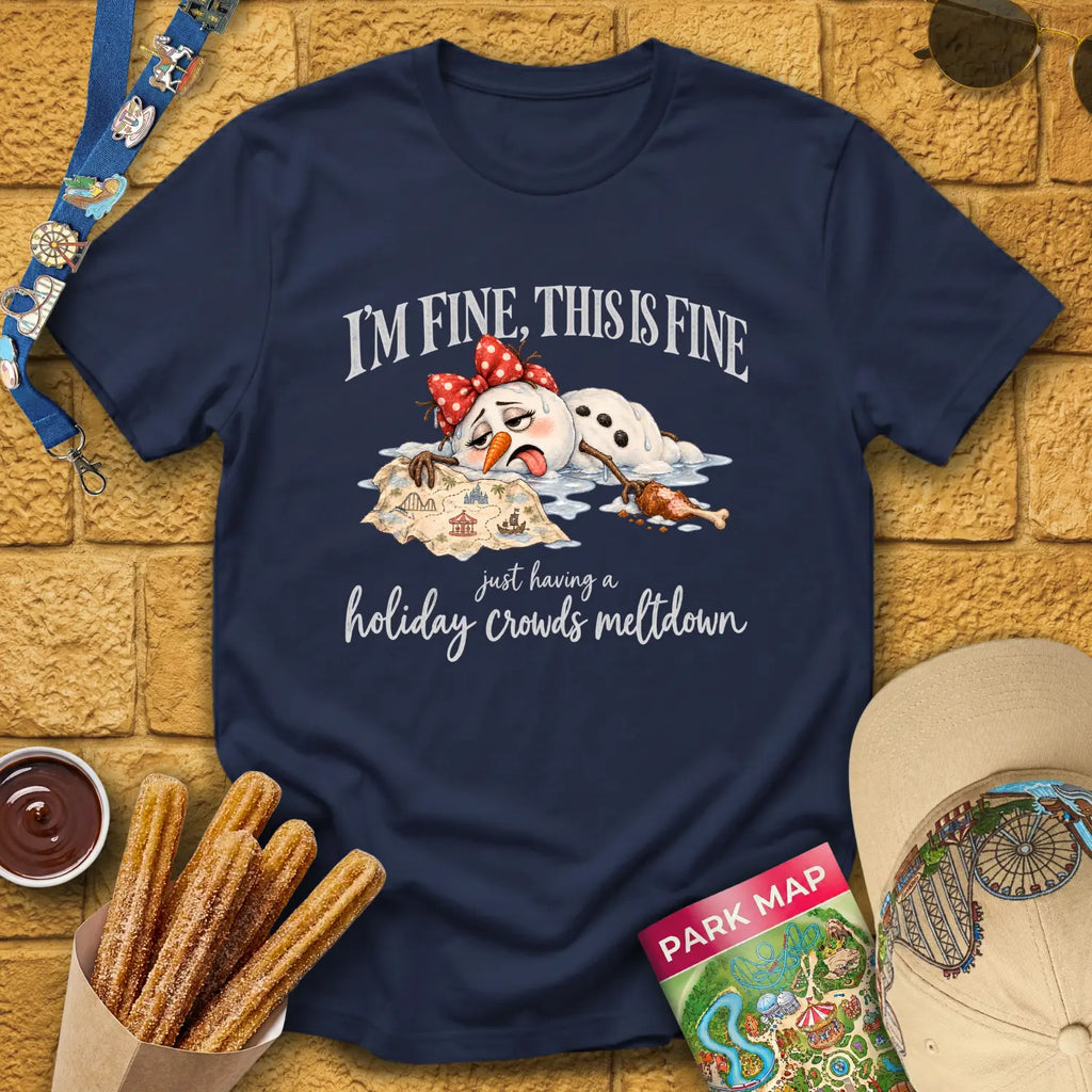 Holiday Crowds Meltdown [RetroFolk] T-Shirt for Theme Park Fans (Navy)