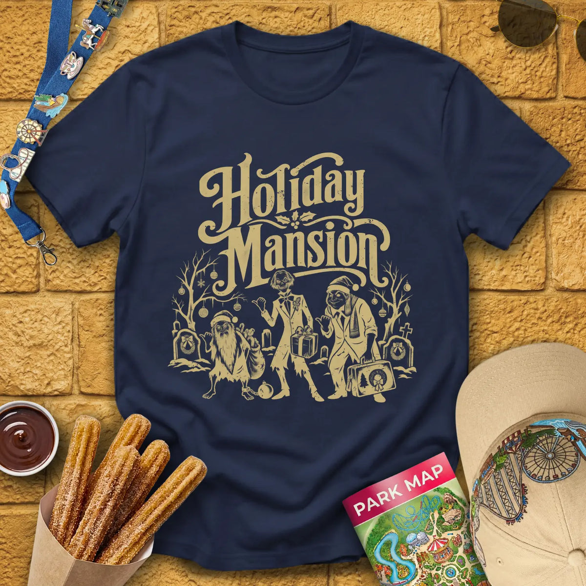Holiday Mansion Ghosts [Retro] T-Shirt for Theme Park Fans (Navy)