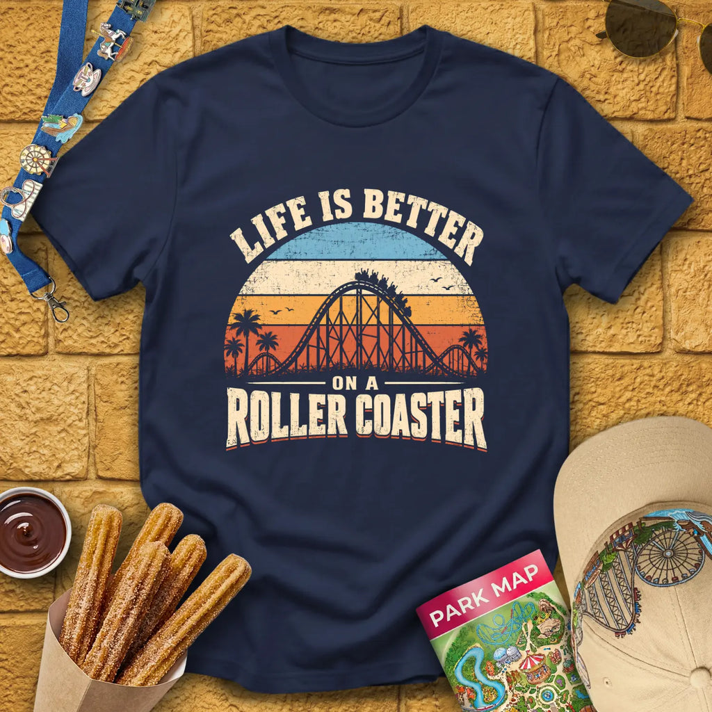 Life's Better On Coaster [Sunset] T-Shirt for Theme Park Fans (Navy)