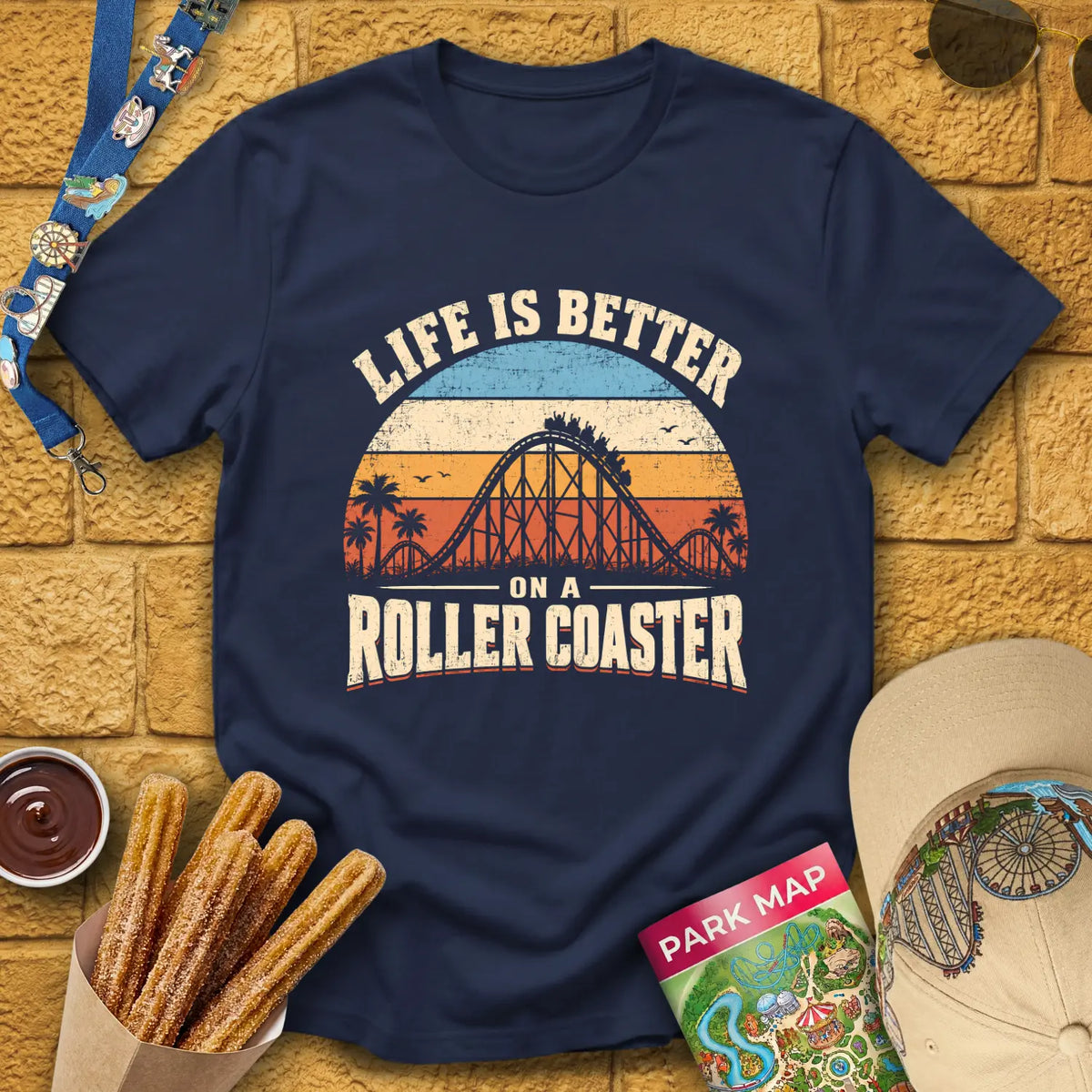 Life's Better On Coaster [Sunset] T-Shirt for Theme Park Fans (Navy)