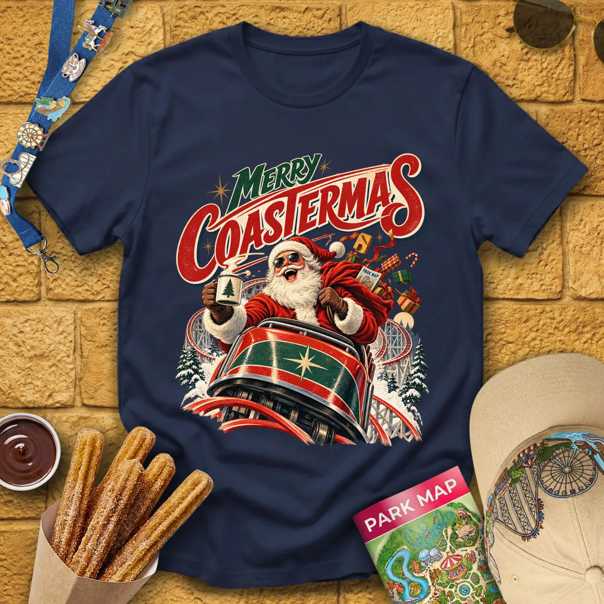 Merry Coastermas [50s] T-Shirt for Theme Park Fans (Navy)