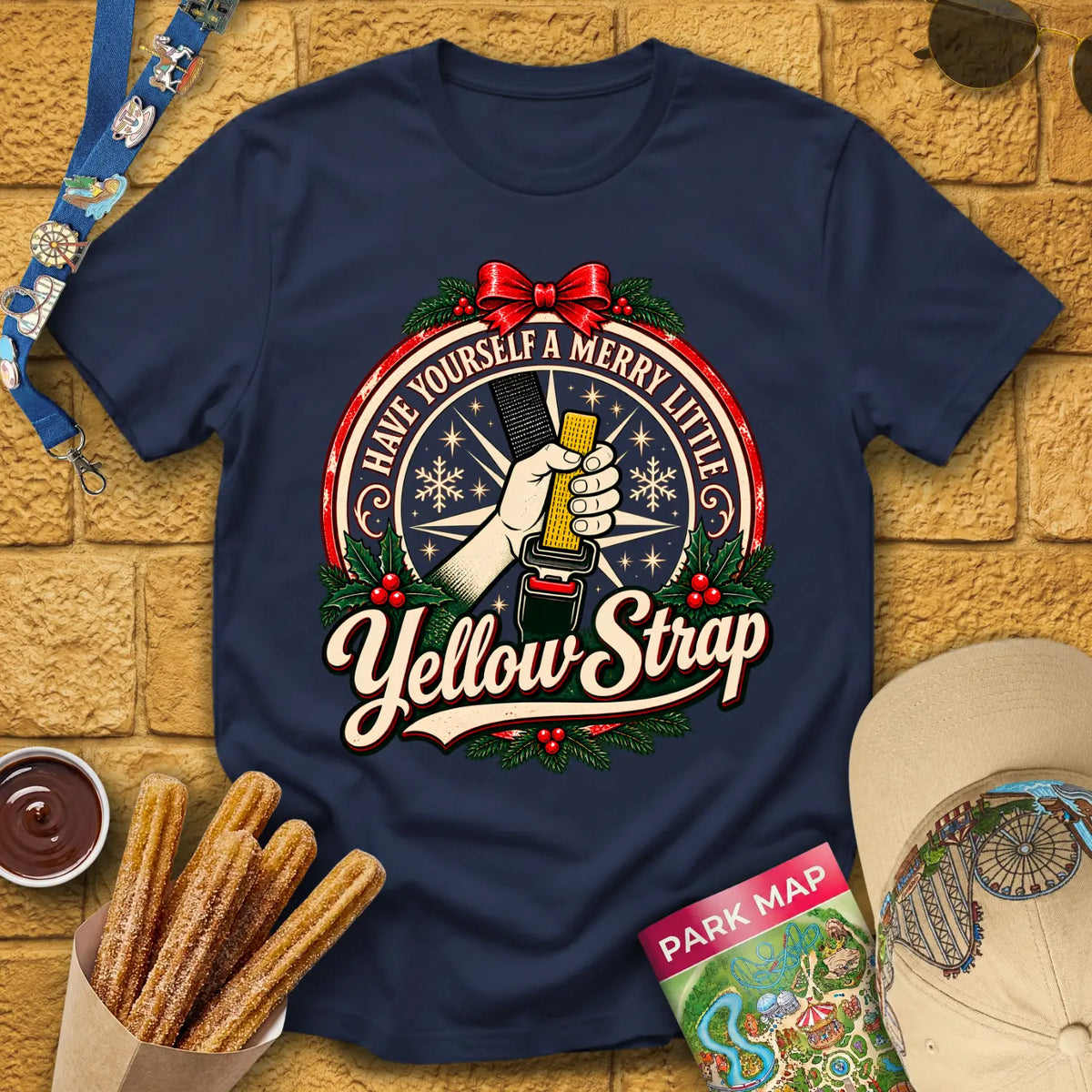 Merry Yellow Strap [Badge] T-Shirt for Theme Park Fans (Navy)