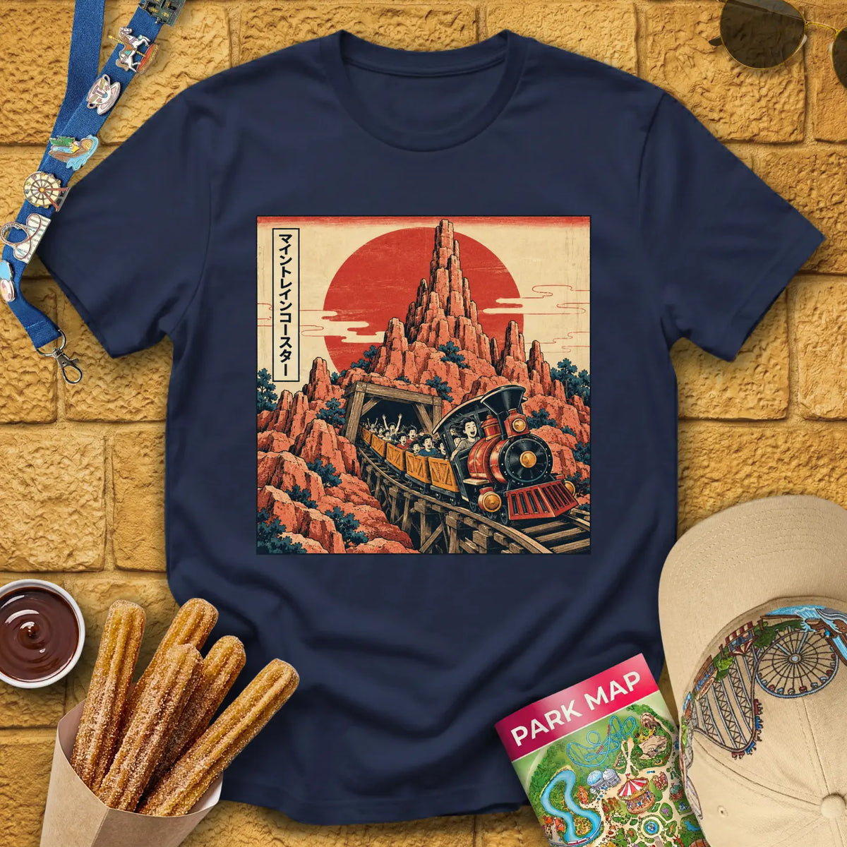 Mine Train [Japanese] T-Shirt for Theme Park Fans (Navy)