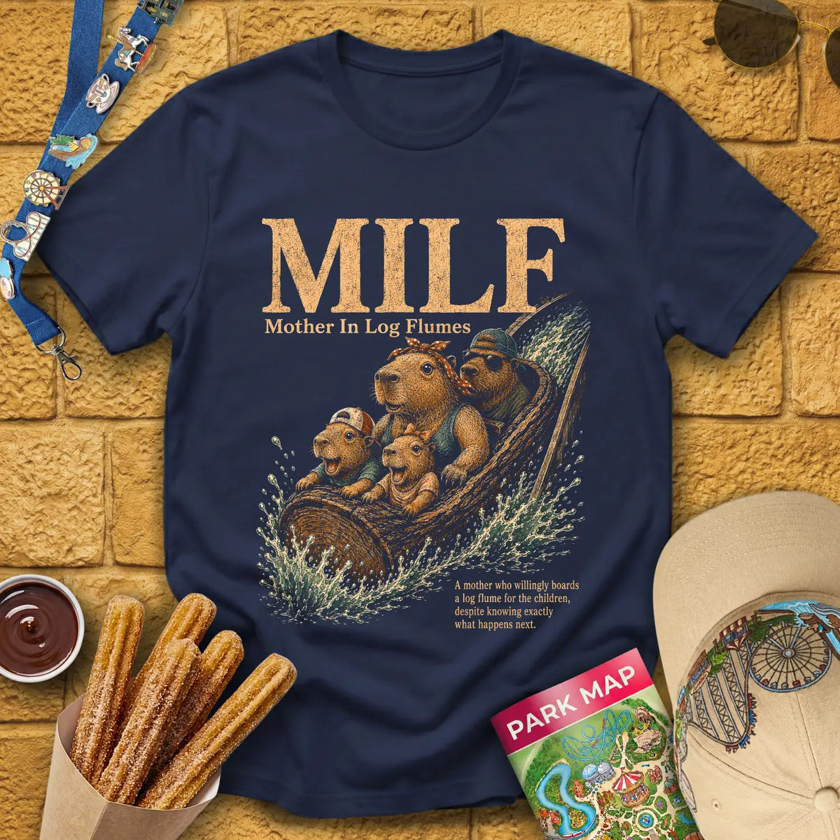 Mother In Log Flumes [InkPen] T-Shirt for Theme Park Fans (Navy)