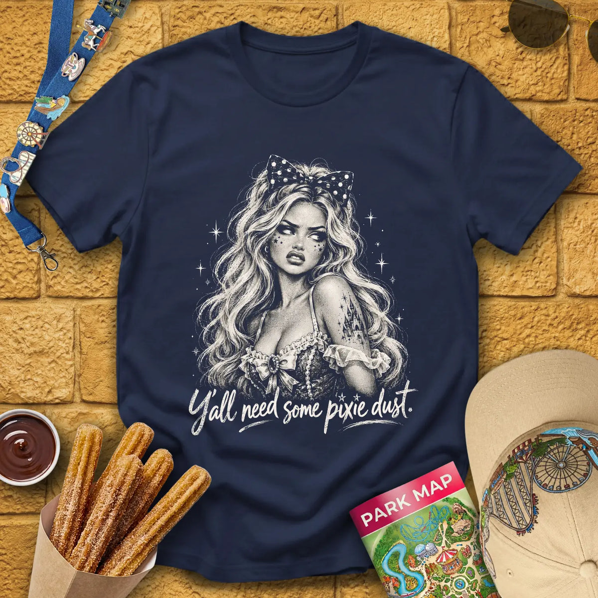 Pixie Dust Doll [MonoGlam] T-Shirt for Theme Park Fans (Navy)