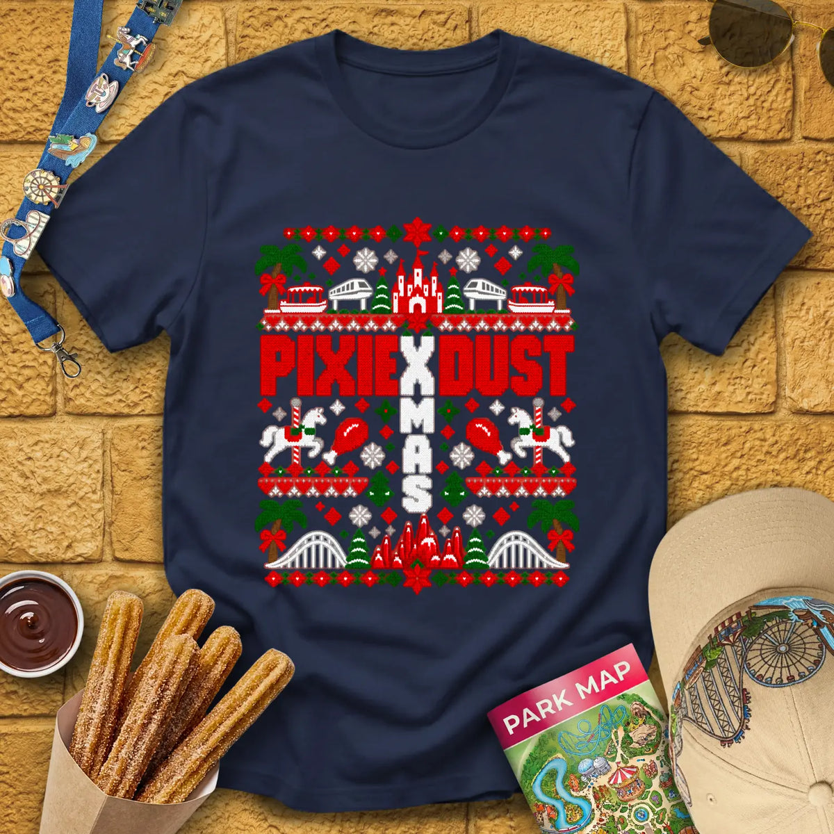 Pixie Dust Xmas [PixKnit] T-Shirt for Theme Park Fans (Navy)