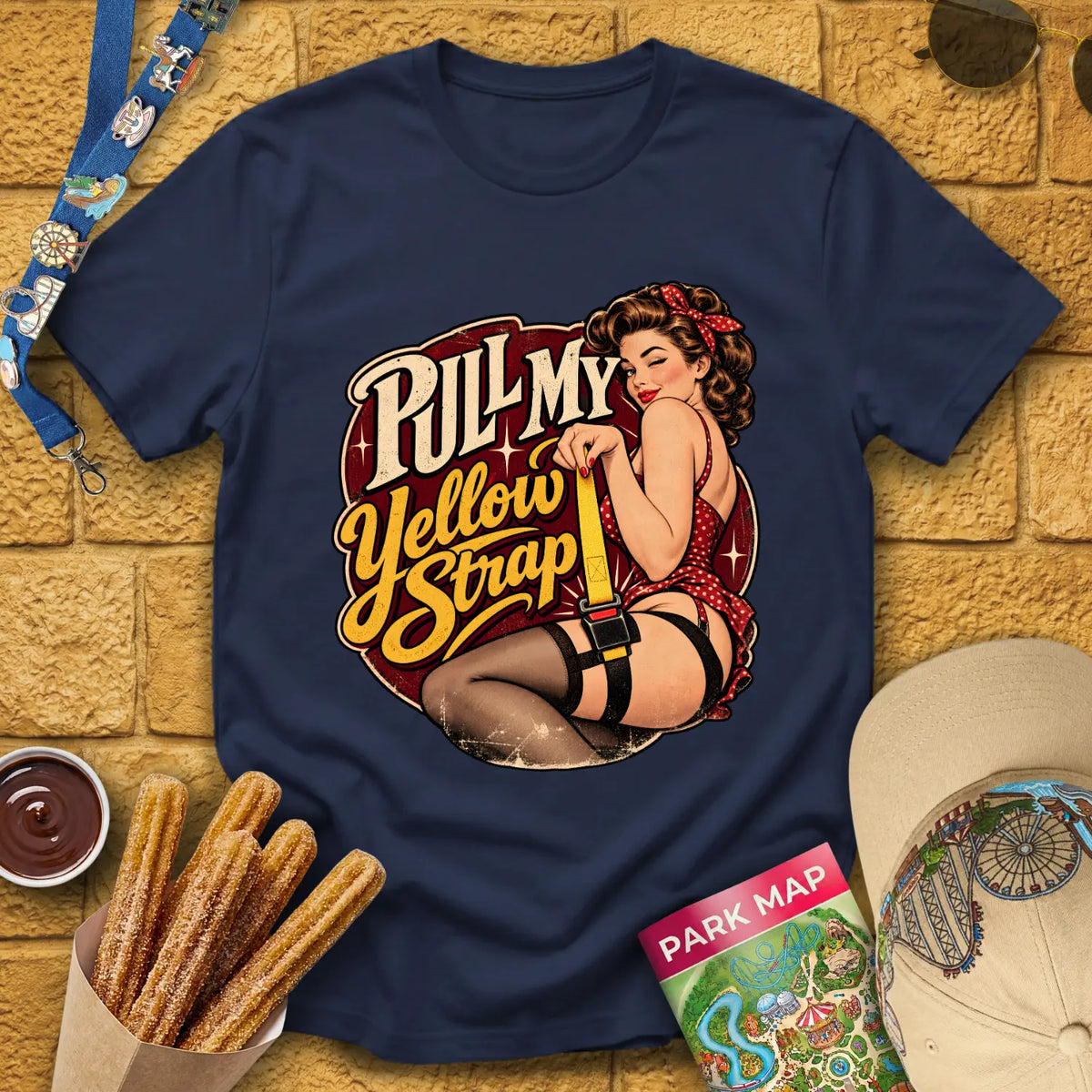 Pull My Yellow Strap [50s] T-Shirt for Theme Park Fans (Navy)