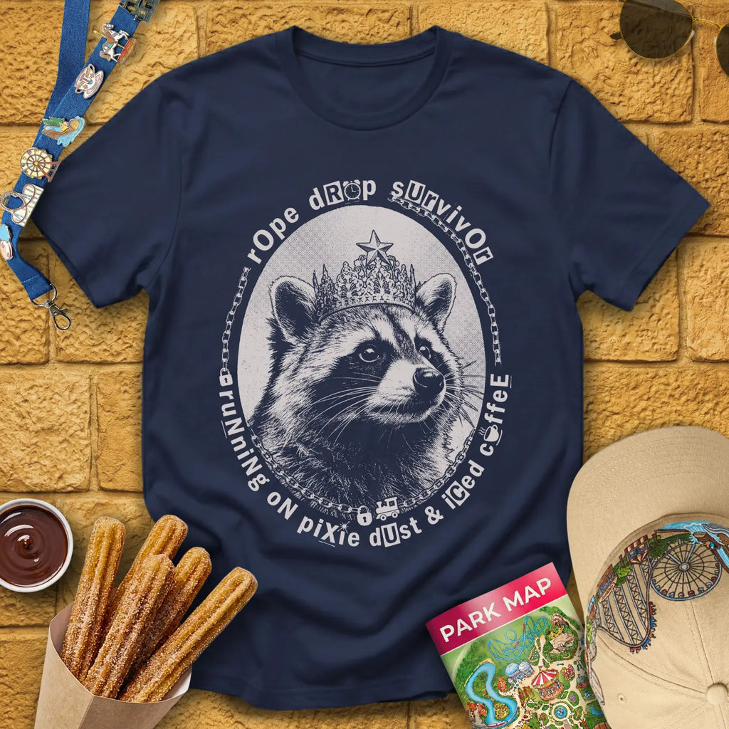 Rope Drop Raccoon [Grunge] T-Shirt for Theme Park Fans (Navy)