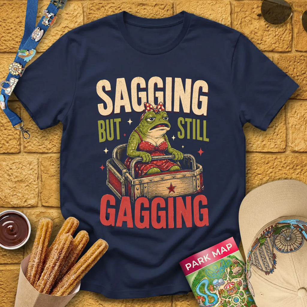 Sagging But Gagging [Etched] T-Shirt for Theme Park Fans (Navy)