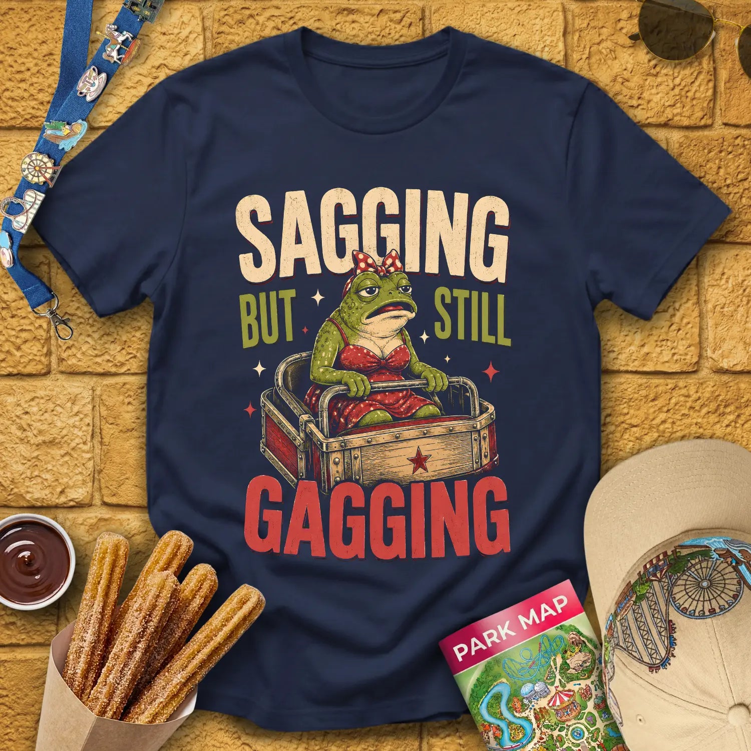 Sagging But Gagging [Etched] T-Shirt for Theme Park Fans (Navy)