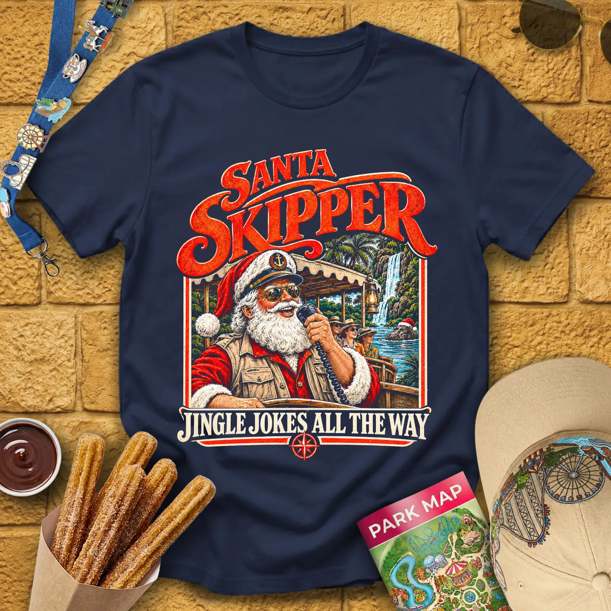 Santa Skipper [Retro] T-Shirt for Theme Park Fans (Navy)