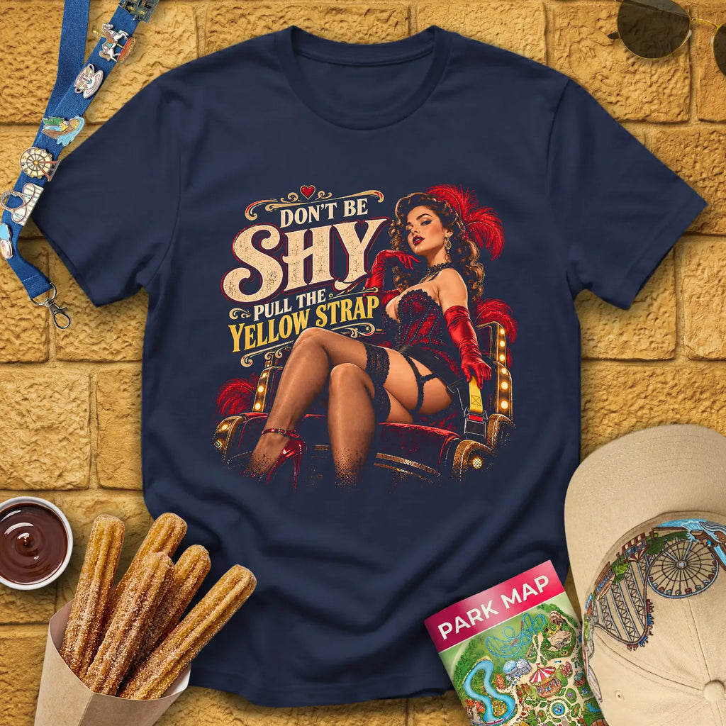 Shy Yellow Strap [Cinematic] T-Shirt for Theme Park Fans (Navy)
