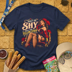 Shy Yellow Strap [Cinematic] T-Shirt for Theme Park Fans (Navy)