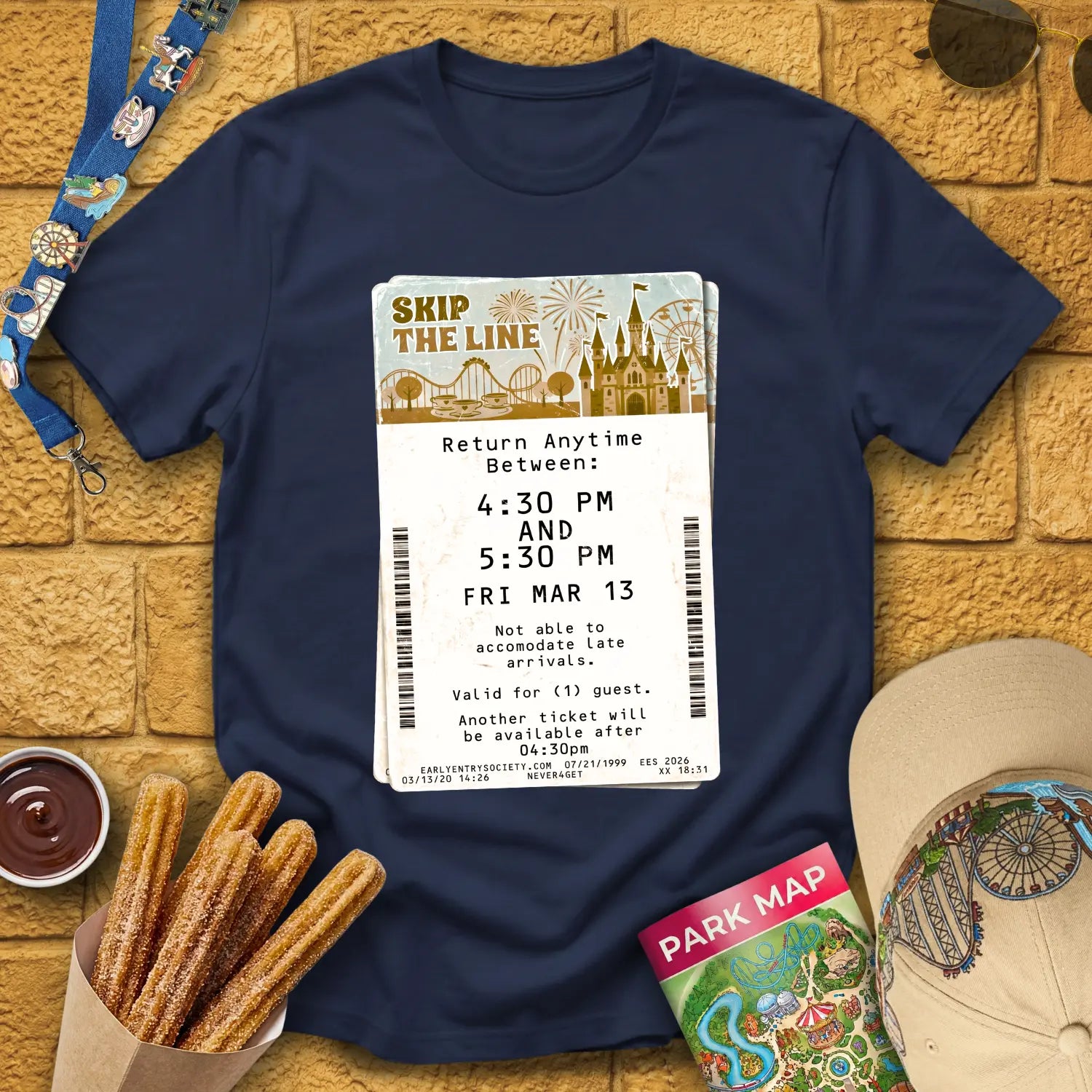 Skip The Line Ticket [Retro] T-Shirt for Theme Park Fans (Navy)