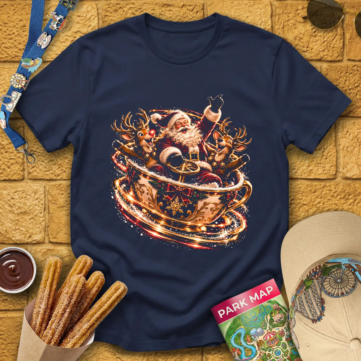 Teacups Santa [Cinematic] T-Shirt for Theme Park Fans (Navy)