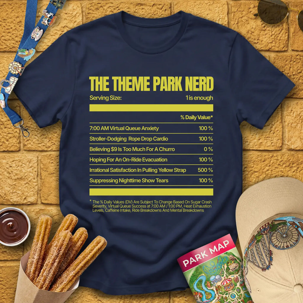 Theme Park Nerd Facts [Nutrition] T-Shirt for Theme Park Fans (Navy)