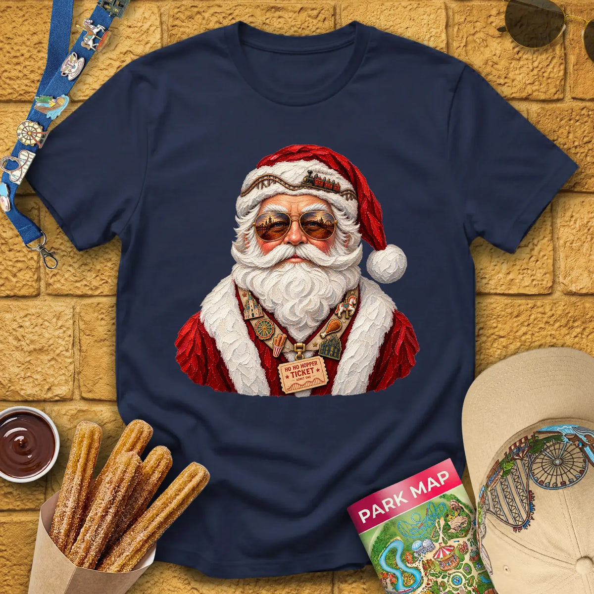 Theme Park Santa [Impasto] T-Shirt for Theme Park Fans (Navy)