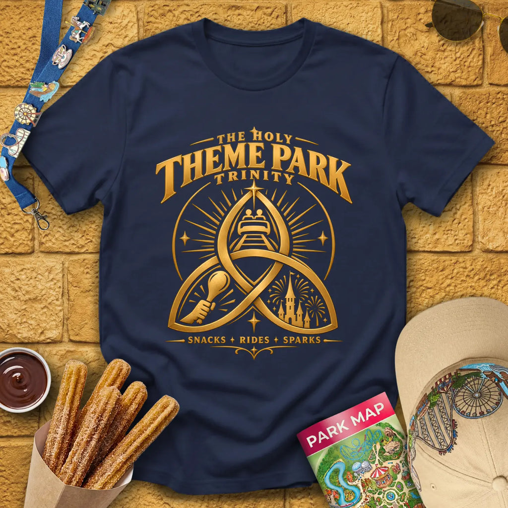 Theme Park Trinity [Golden] T-Shirt for Theme Park Fans (Navy)