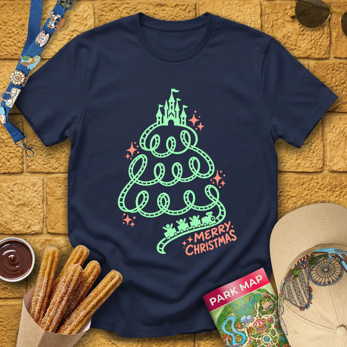 Xmas Train Tree [Monoline] T-Shirt for Theme Park Fans (Navy)