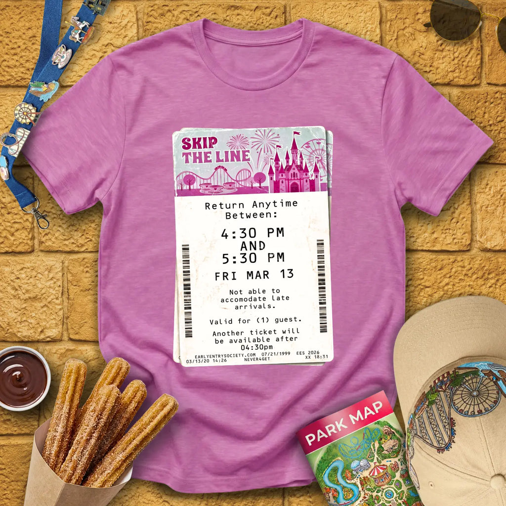 Skip The Line Ticket [Retro] T-Shirt for Theme Park Fans (Heather Radiant Orchid)