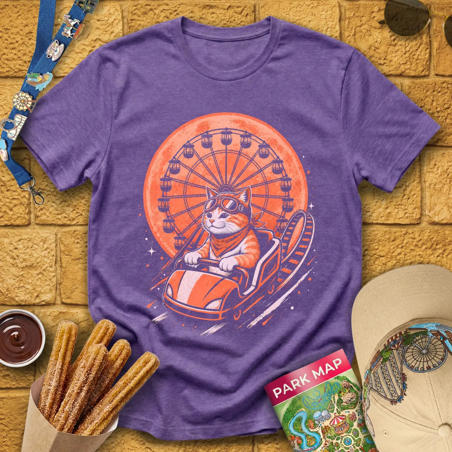 Cat Coaster [JapRetro] T-Shirt for Theme Park Fans (Heather Purple)