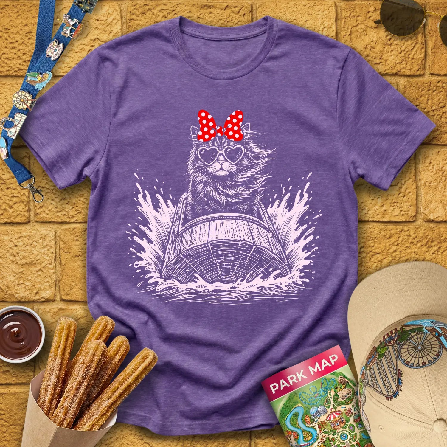 Log Flume Cat [PopInk] T-Shirt for Theme Park Fans (Heather Purple)