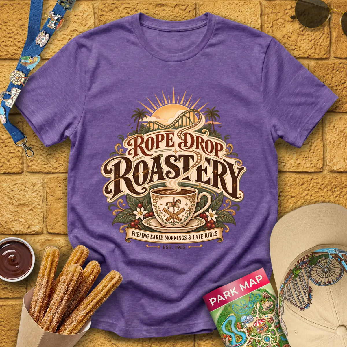 Rope Drop Roastery [Vintage] T-Shirt for Theme Park Fans (Heather Purple)