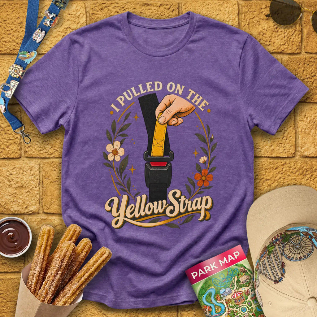 Yellow Strap [BohoOval] T-Shirt for Theme Park Fans (Heather Purple)