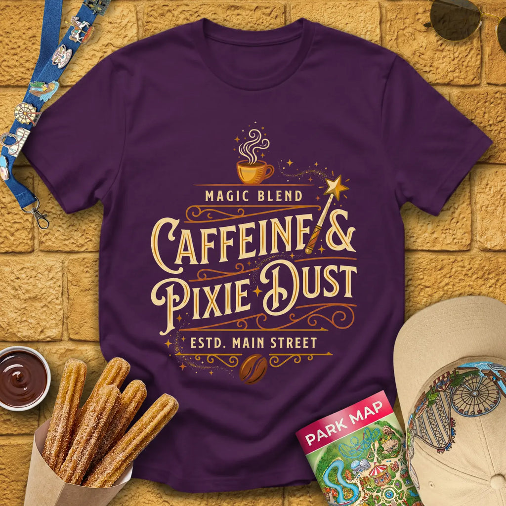 Caffeine & Pixie Dust [VictorianOval] T-Shirt for Theme Park Fans (Purple)