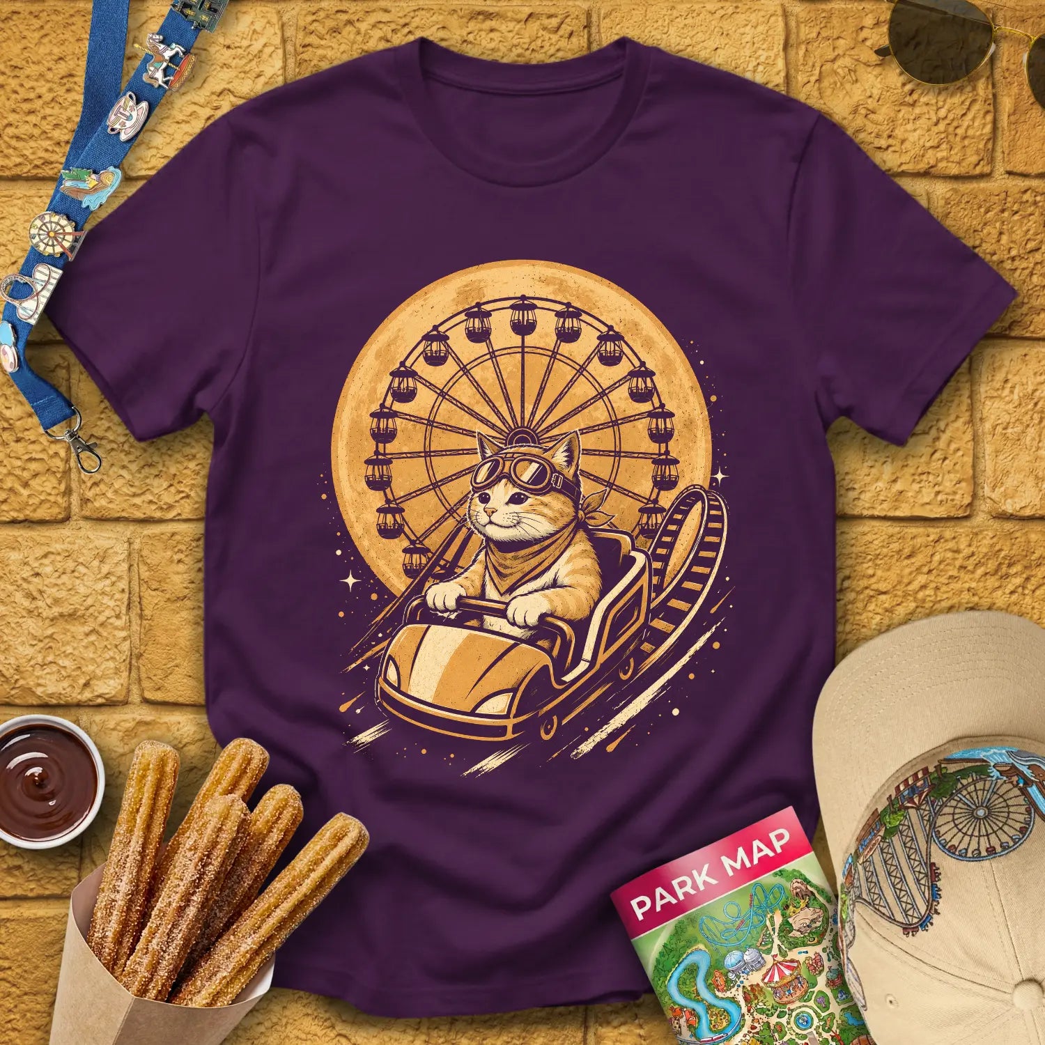 Cat Coaster [JapRetro] T-Shirt for Theme Park Fans (Purple)