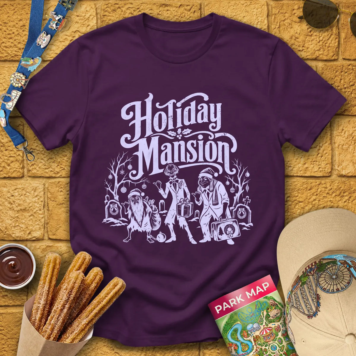 Holiday Mansion Ghosts [Retro] T-Shirt for Theme Park Fans (Purple)