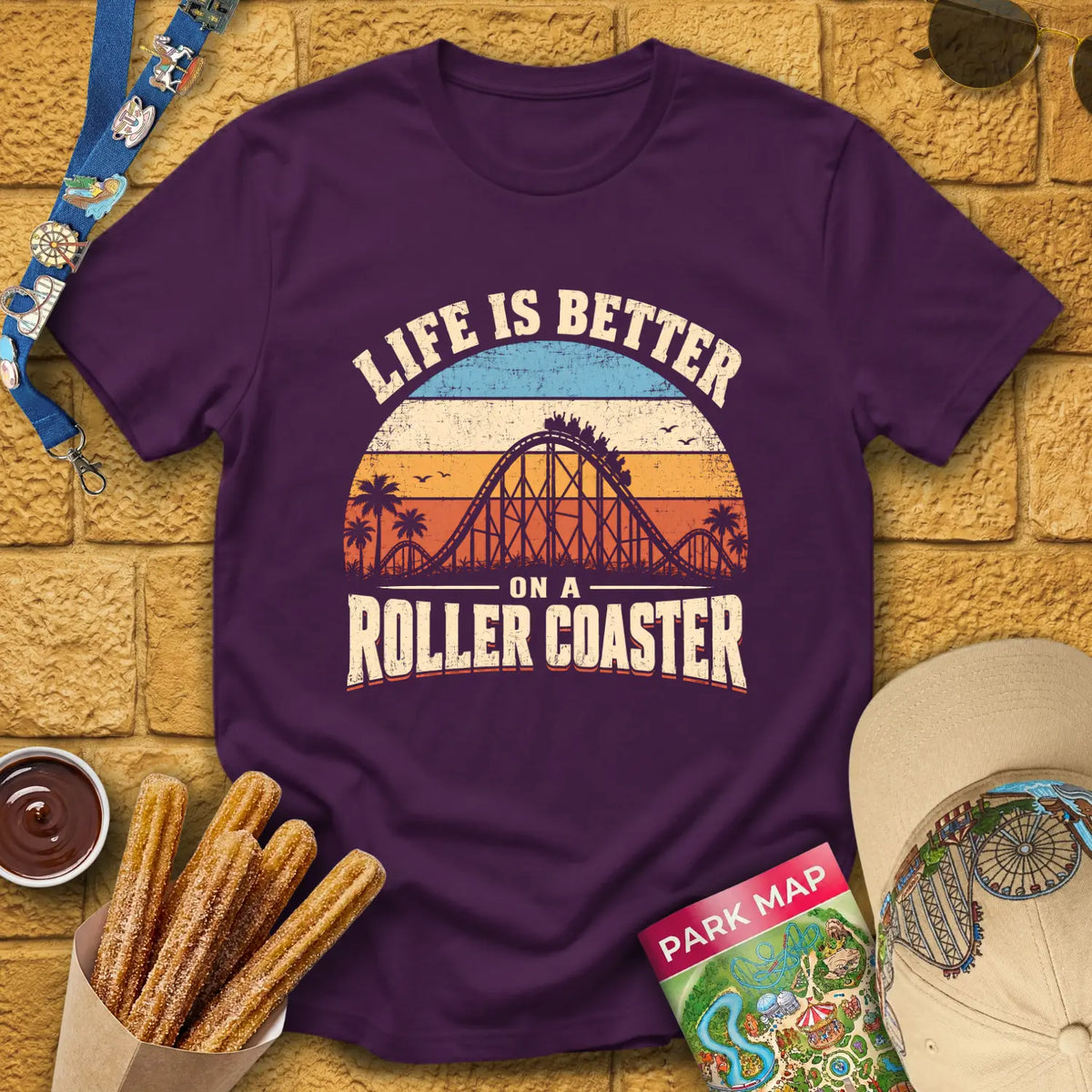 Life's Better On Coaster [Sunset] T-Shirt for Theme Park Fans (Purple)