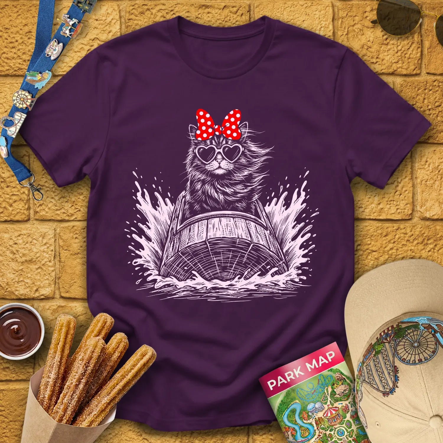 Log Flume Cat [PopInk] T-Shirt for Theme Park Fans (Purple)