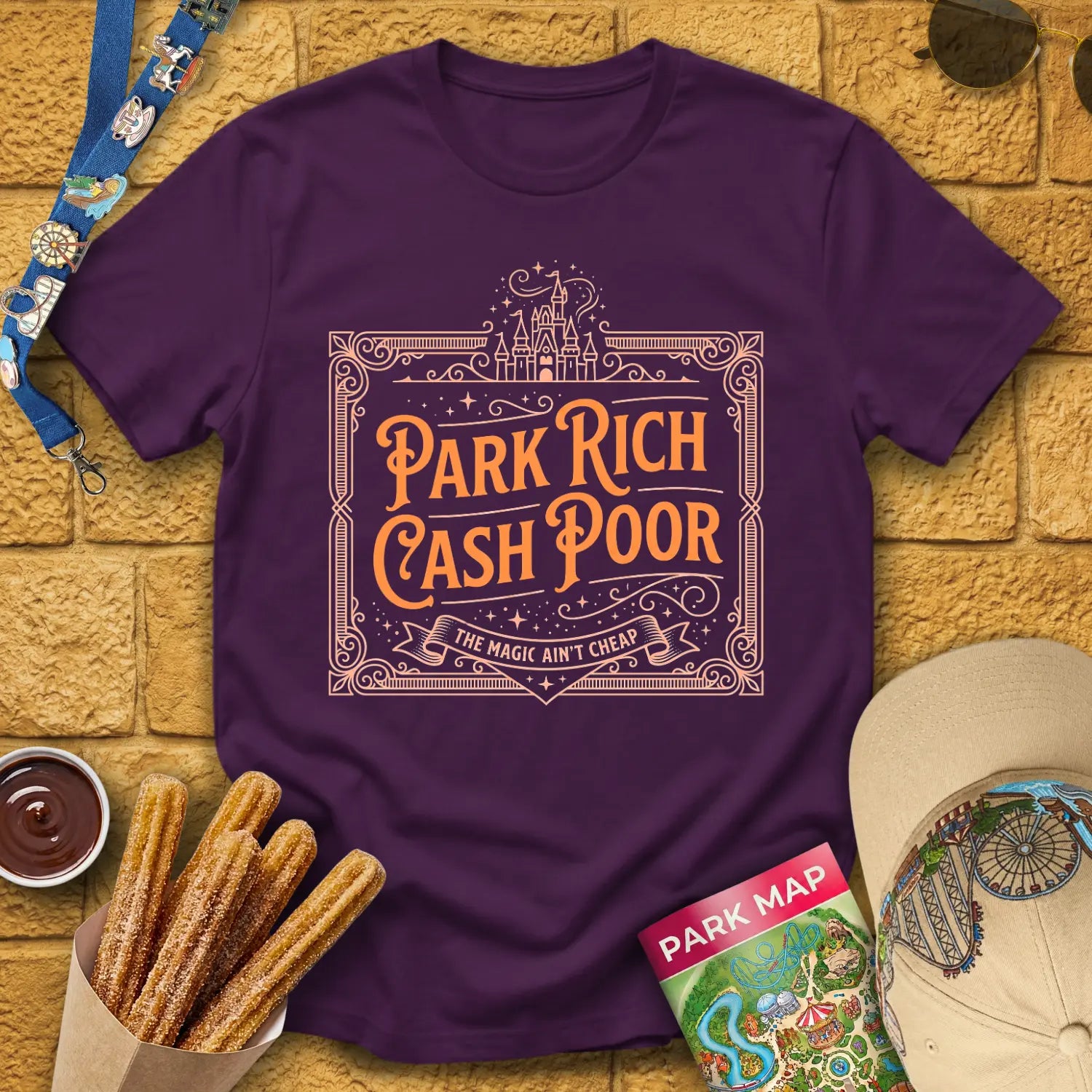 Park Rich Cash Poor [Victorian] T-Shirt for Theme Park Fans (Purple)