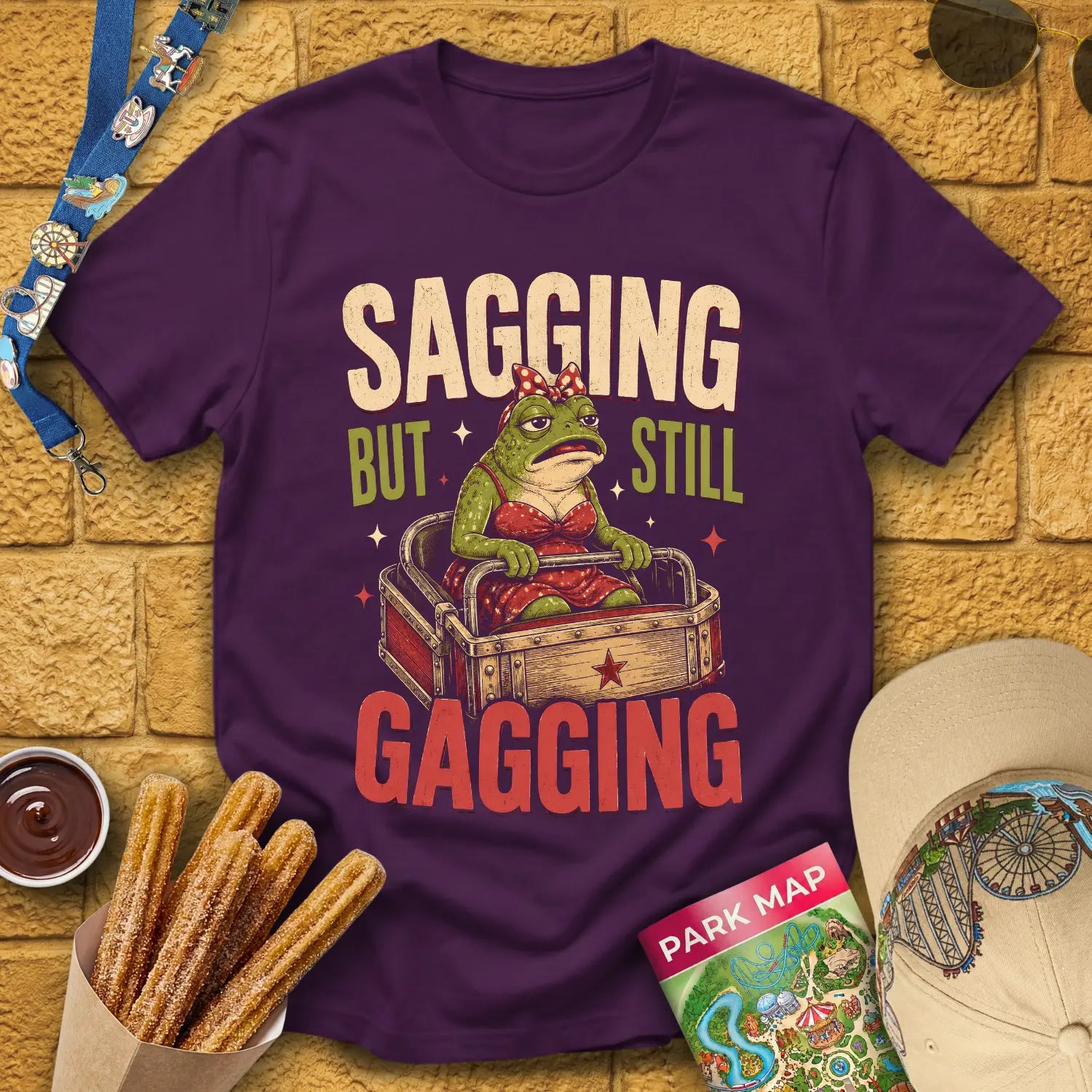Sagging But Gagging [Etched] T-Shirt for Theme Park Fans (Purple)