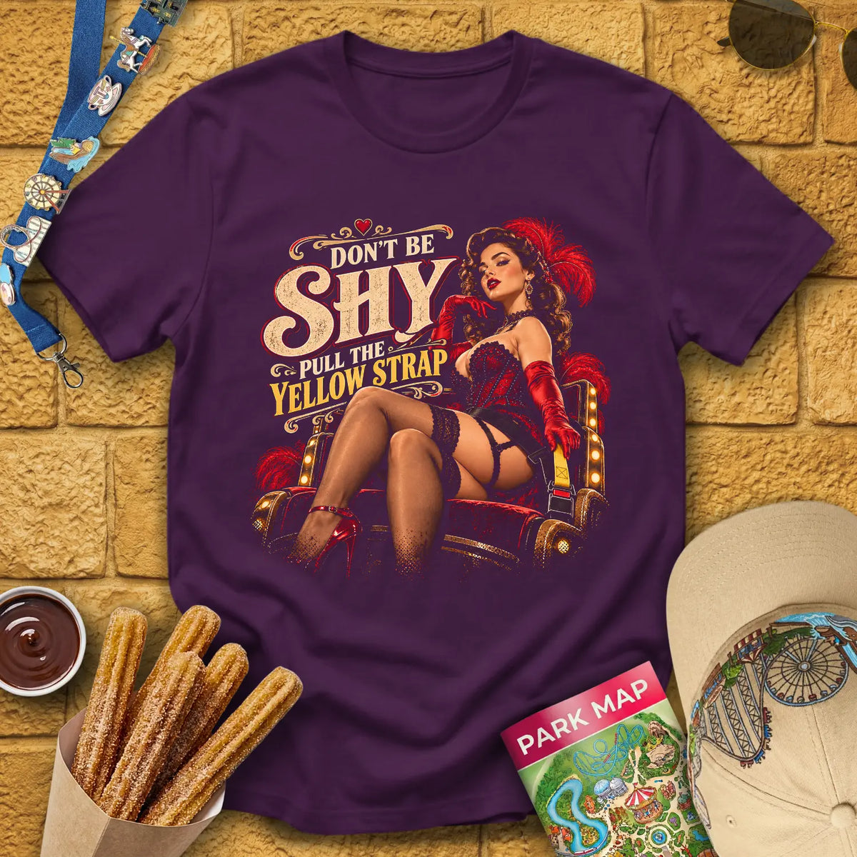 Shy Yellow Strap [Cinematic] T-Shirt for Theme Park Fans (Purple)