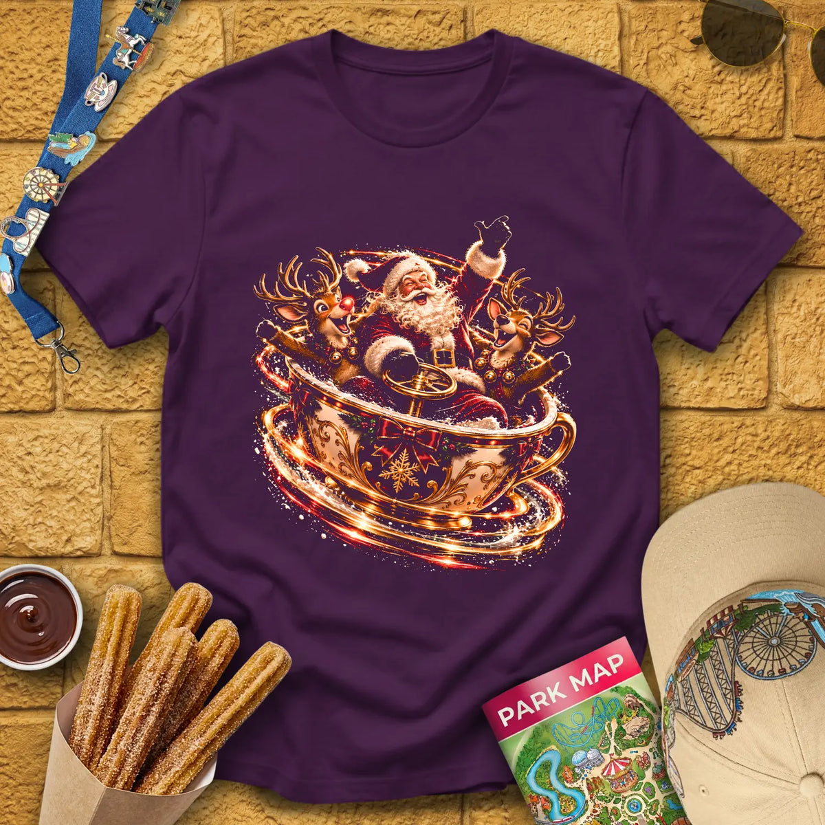 Teacups Santa [Cinematic] T-Shirt for Theme Park Fans (Purple)