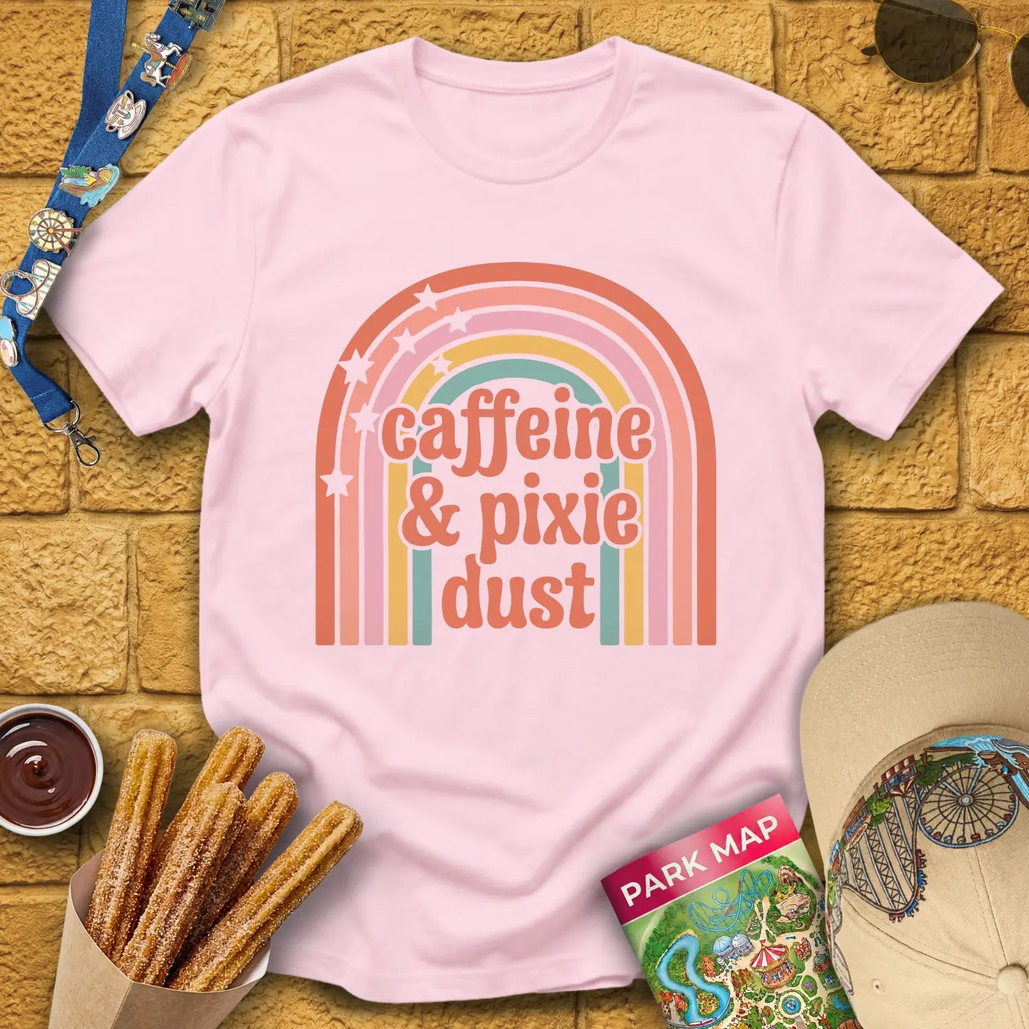 Caffeine & Pixie Dust [Cute70s] T-Shirt for Theme Park Fans (Light Pink)