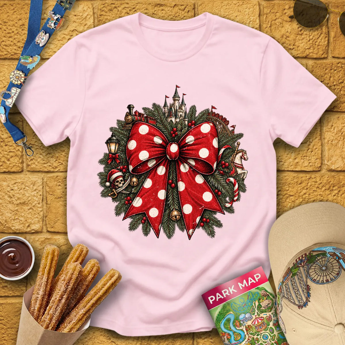 Christmas Ribbon [Vintage] T-Shirt for Theme Park Fans (Light Pink)