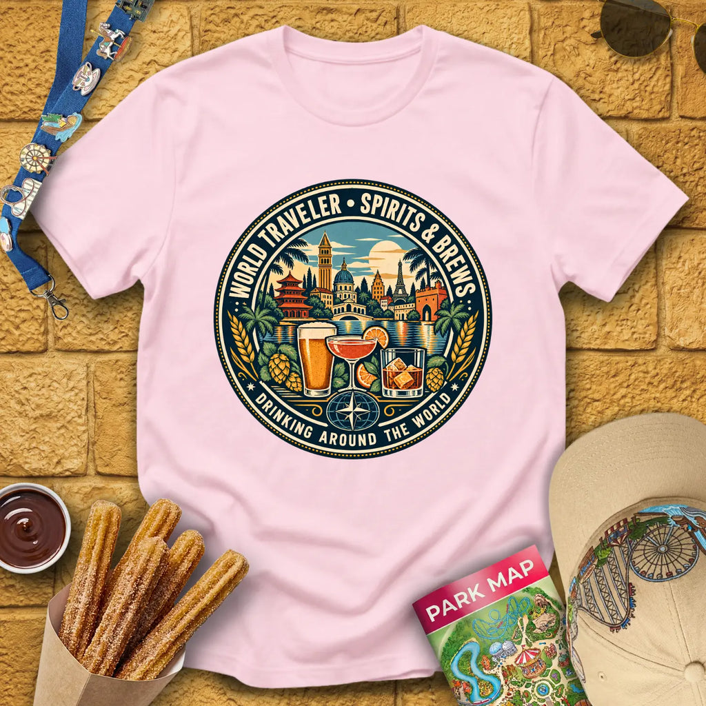 Drinking Around The World [Retro] T-Shirt for Theme Park Fans (Light Pink)